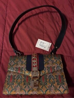 Gucci Gold Multicolor Jacquard Shoulder Bag with Black Strap